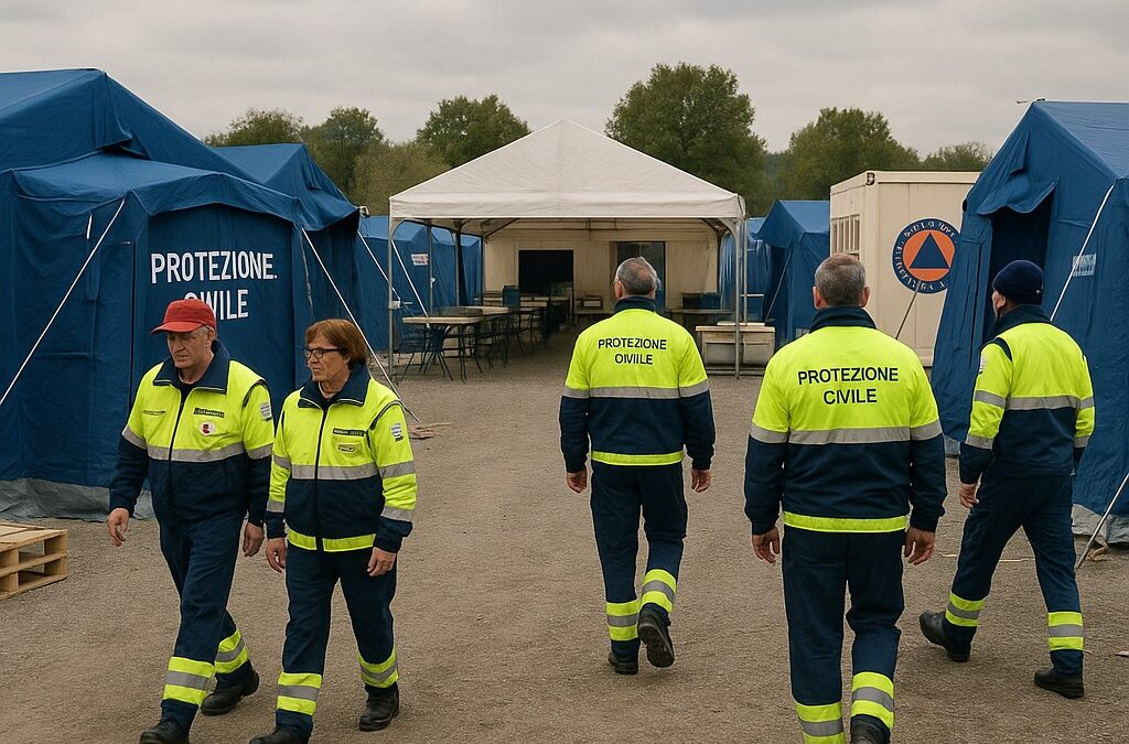 allestimento tendopoli, protezione civile, attrezzature tendopoli, gestione logistica tendopoli, sicurezza tendopoli, volontari protezione civile